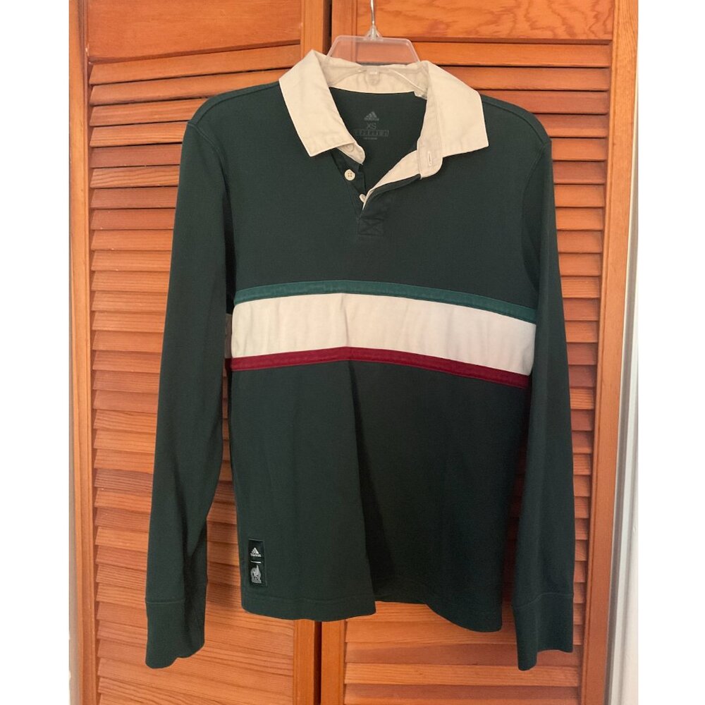 Adidas Rugby Polo Shirt Green Off-White Red Stripe Retro Style XS